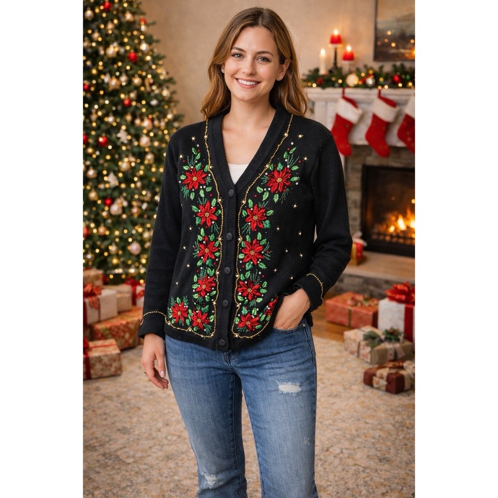Vintage Christmas BP‎ Designs L Black Poinsettia Holiday Cardigan Sweater beaded